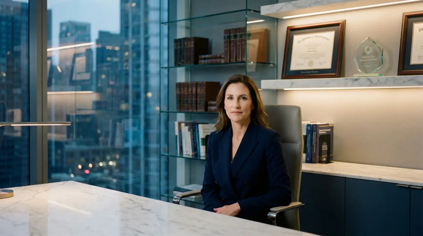 Woman in a navy blazer seated at a marble desk in a high-rise office, with framed diplomas, a glass award and shelves of books behind her and city towers at dusk through the window