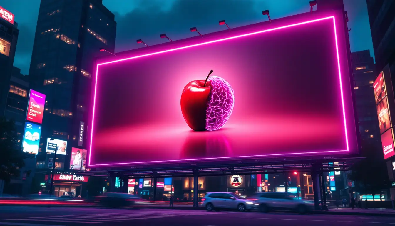 City billboard at night framed in pink neon, showing a red apple whose right half turns into a glowing, brain-like network, with cars blurring past below