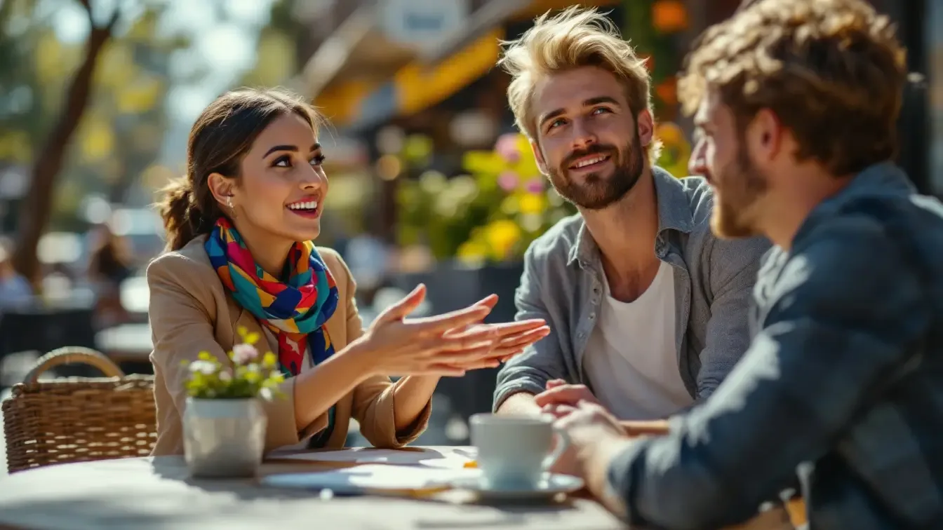 Three people talking at an outdoor cafe table, one speaking with open hands while the others listen