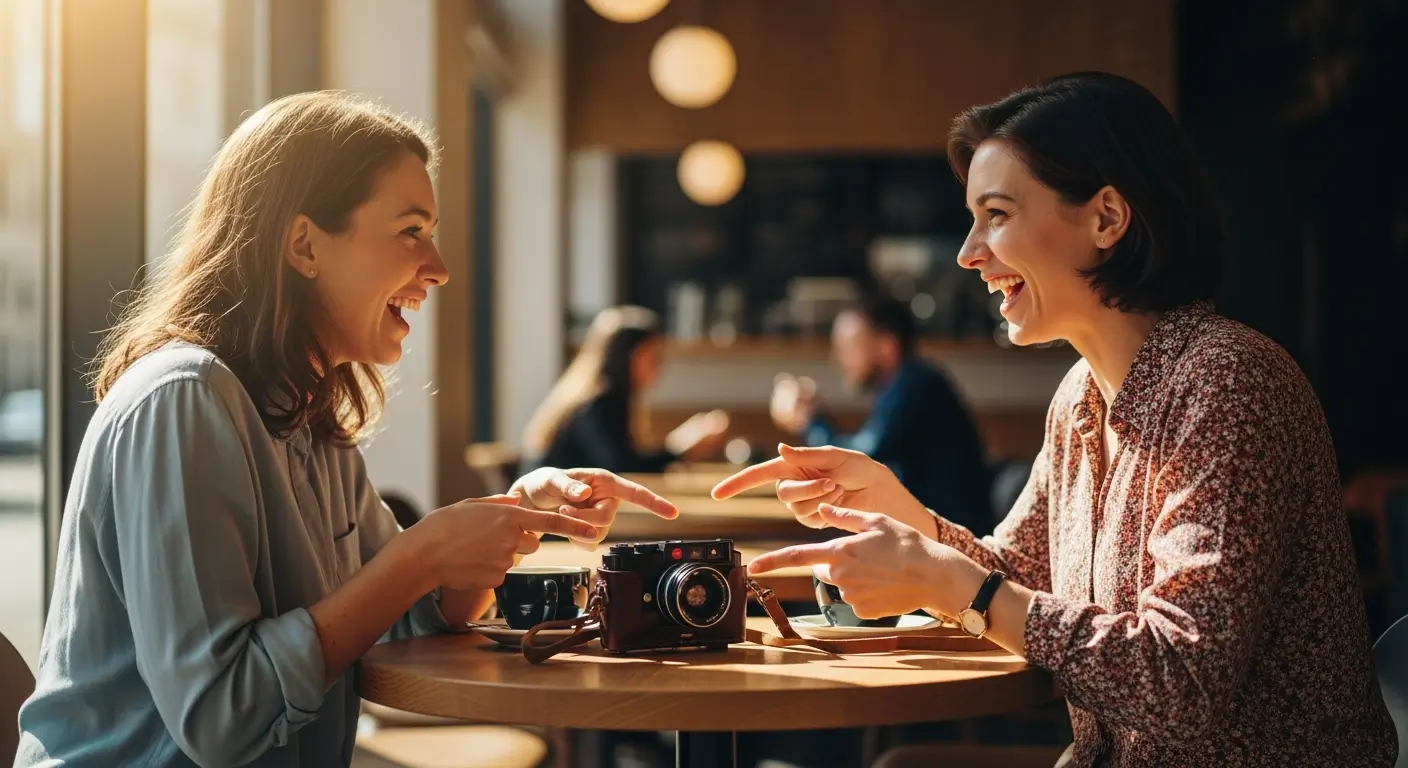 Two women laughing across a round café table and pointing at each other, a vintage film camera and two cups of coffee between them