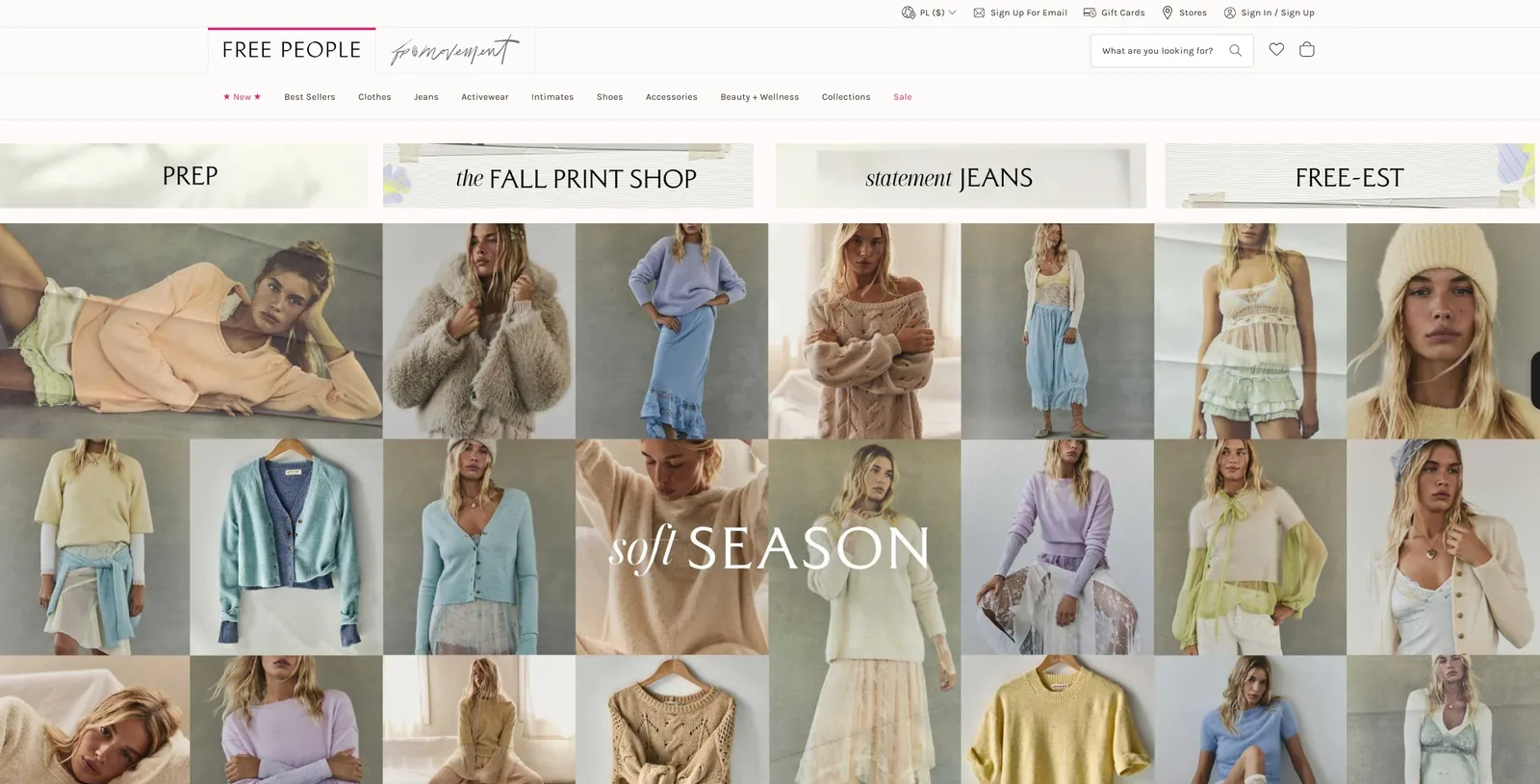 Screenshot of the Free People homepage: a grid of models in soft pastel knitwear, lace skirts and slip dresses, with “soft SEASON” written across the middle