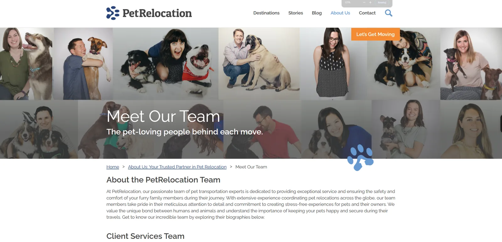 Screenshot of the PetRelocation “Meet Our Team” page: a collage of staff members hugging their own dogs, under the line “The pet-loving people behind each move.”