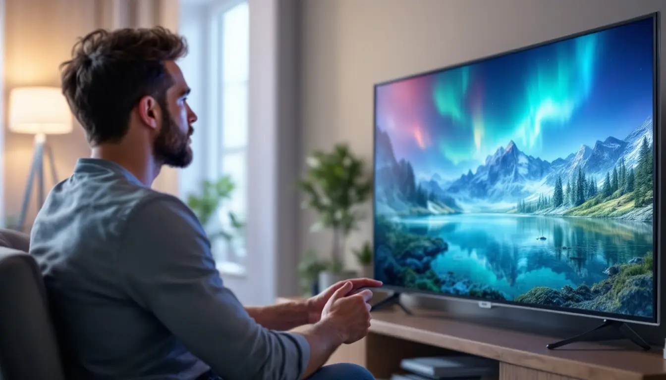 Bearded man on a sofa in a softly lit living room, looking at a large TV that shows the northern lights over a mountain lake