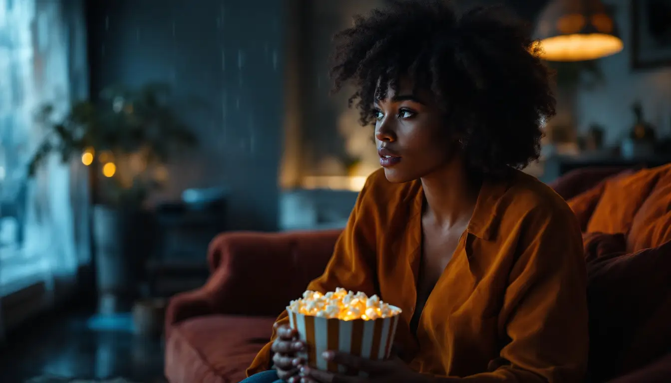Young woman on a red sofa holding a striped tub of glowing popcorn, gazing off-frame in a dim room on a rainy evening