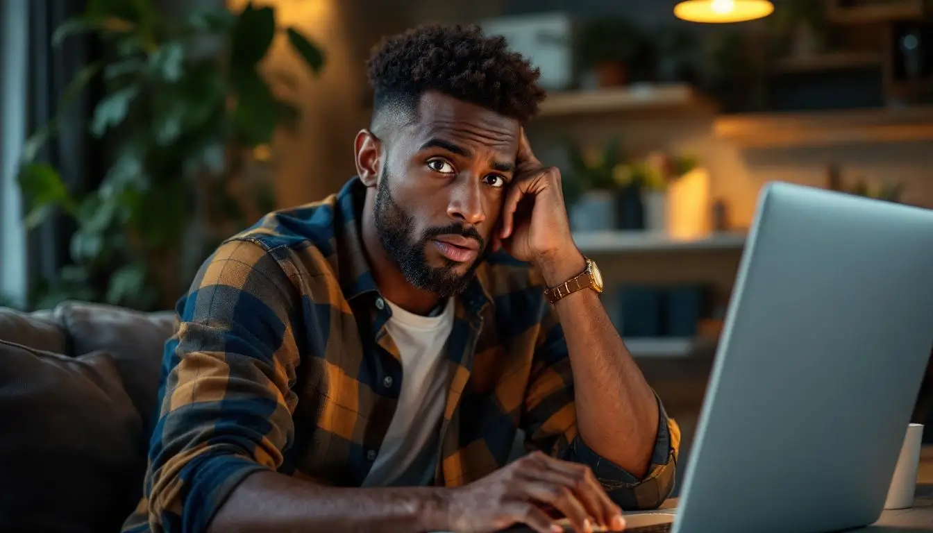 Young man in a plaid shirt resting his head on his hand in front of a laptop in a dimly lit room, looking worried