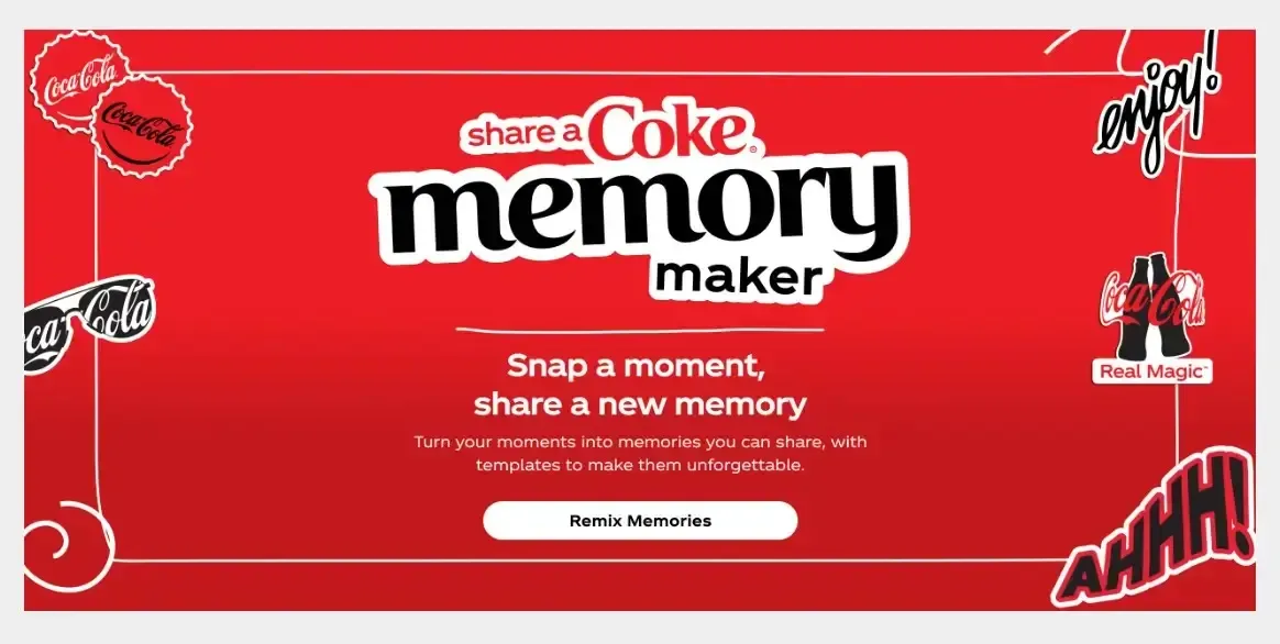 Coca-Cola’s Share a Coke Memory Maker web page: a red banner reading “Snap a moment, share a new memory” above a Remix Memories button