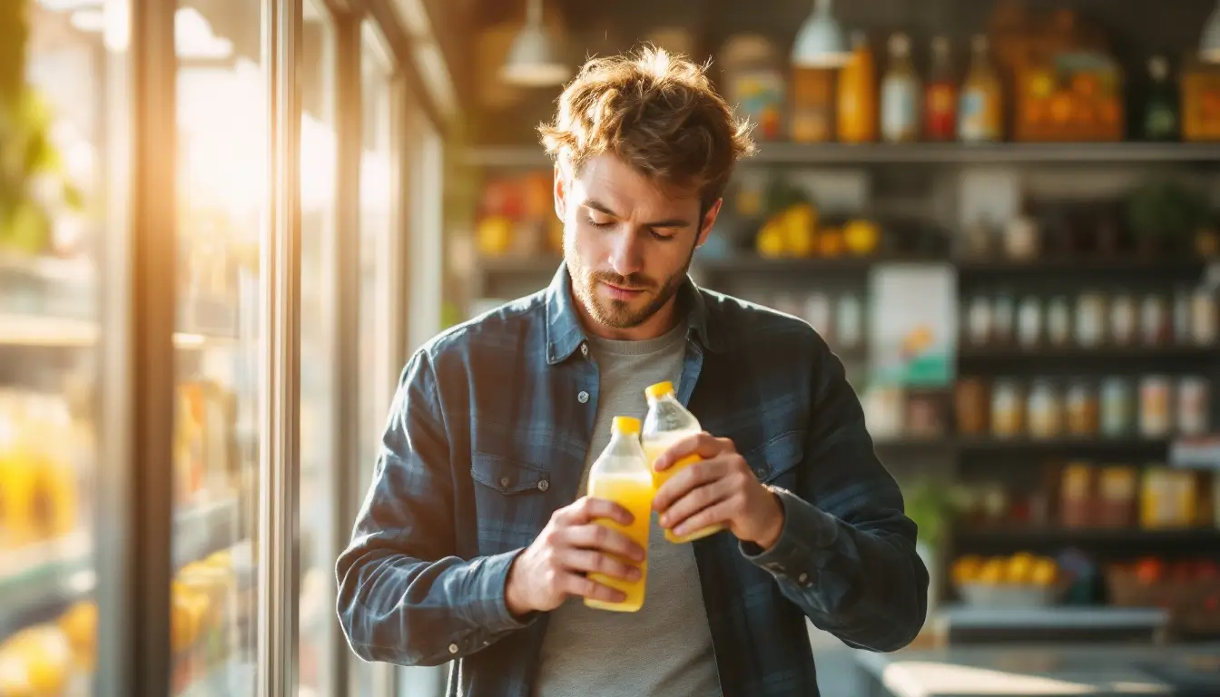 Man in a blue checked shirt by a sunlit shop fridge, comparing two bottles of orange juice