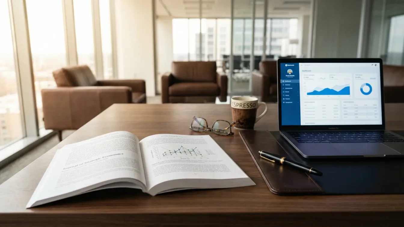 An open scientific journal beside a laptop showing an analytics dashboard on a wooden desk