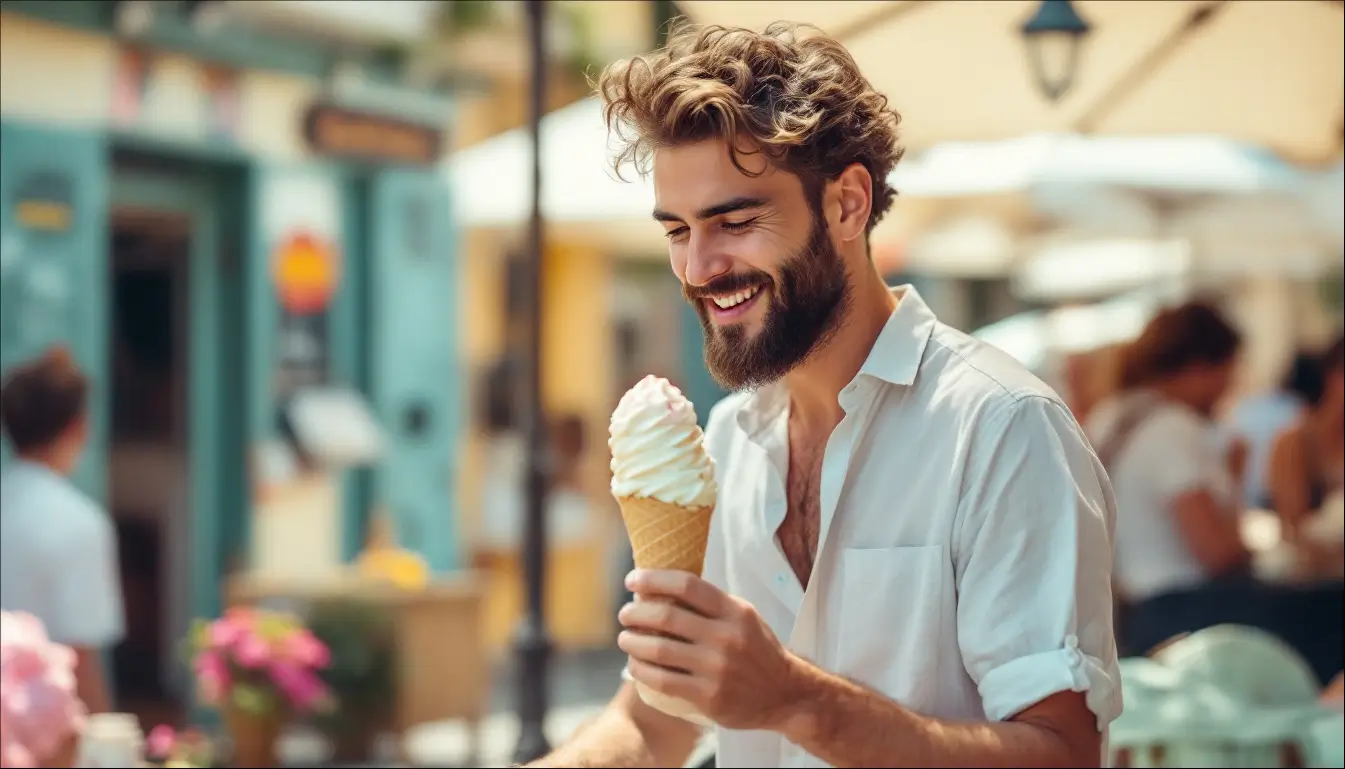 Bearded man in a white shirt with rolled-up sleeves smiling at a soft-serve ice-cream cone at a sunny outdoor café