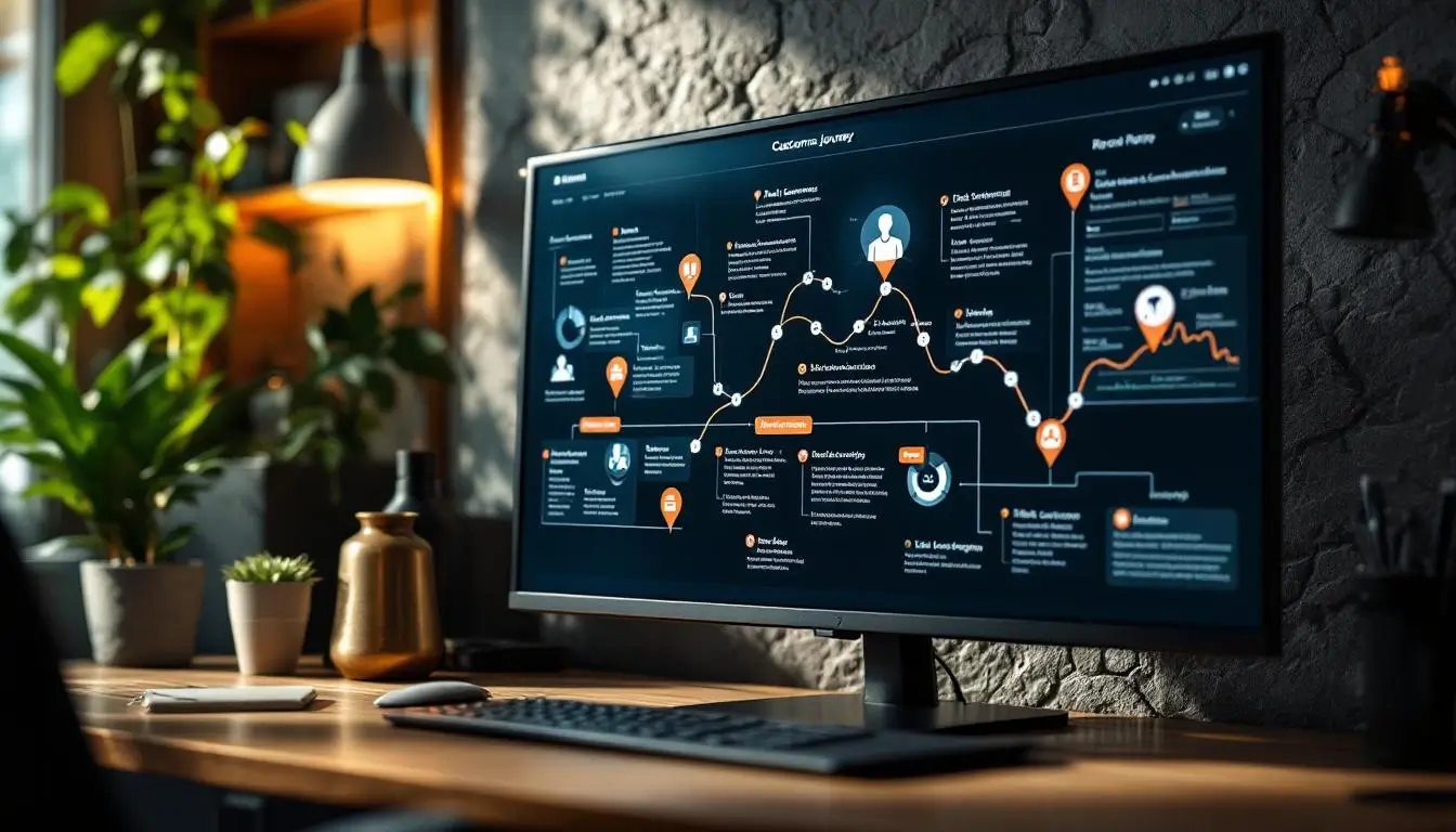 A desktop monitor showing a customer journey map on a wooden desk
