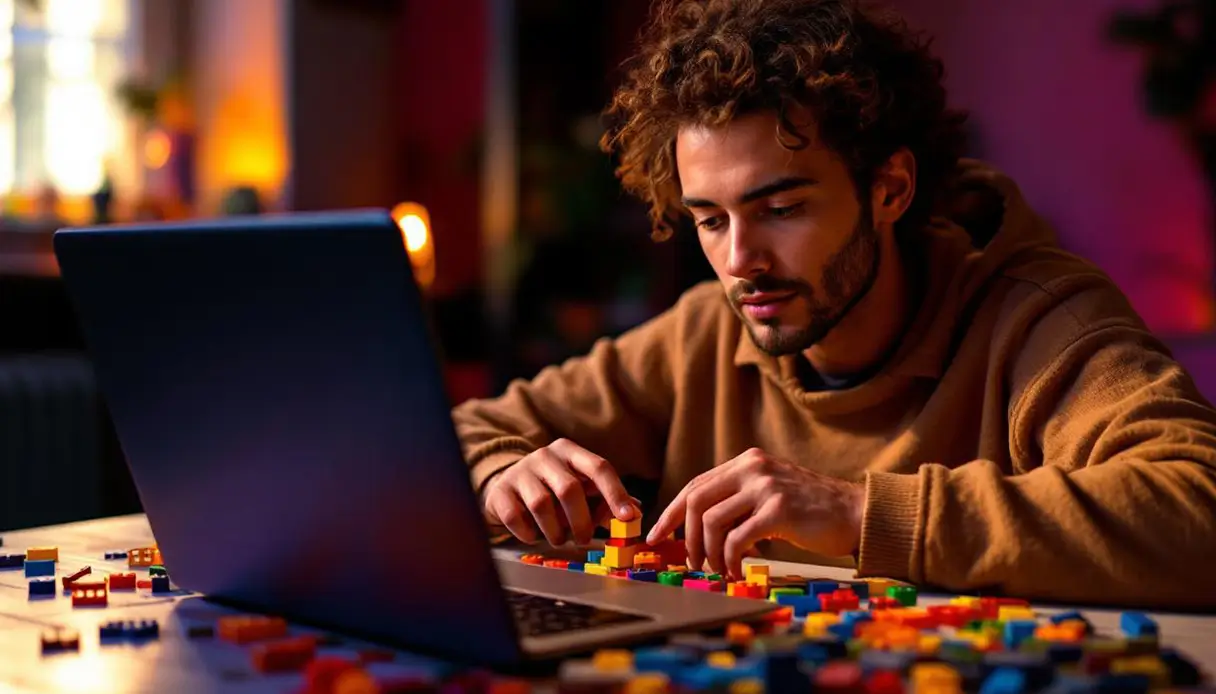 Young man in a hoodie carefully assembling colourful toy bricks beside an open laptop in warm, ambient lighting