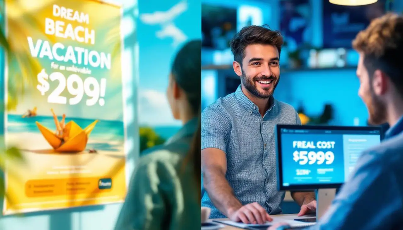 Split-screen scene: on the left, a beach poster advertises a “Dream Beach Vacation” for $299; on the right, a smiling travel agent talks to a customer while his monitor shows the “Real Cost”, $5,999