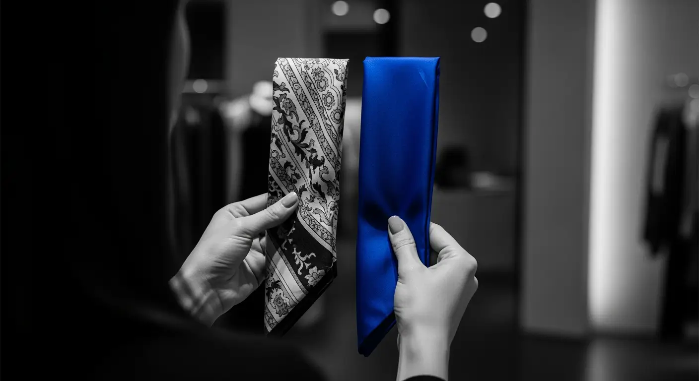 Two hands holding up two folded scarves side by side in a dim boutique: one with a black-and-white floral pattern, the other plain royal blue, the only colour in an otherwise black-and-white image