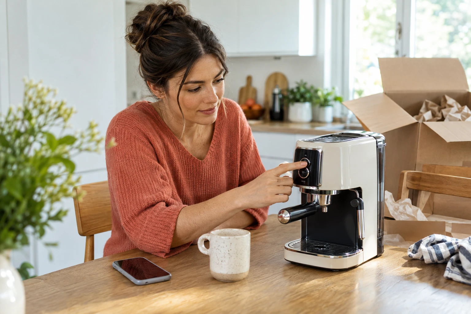 AI illustration: a woman exploring the controls of a newly unboxed espresso machine