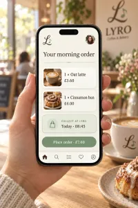 Illustrative scene: a hand holding a phone with a café order ready to place