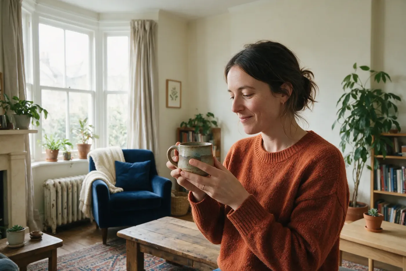 Illustrative scene: a woman at home holding a handmade ceramic mug