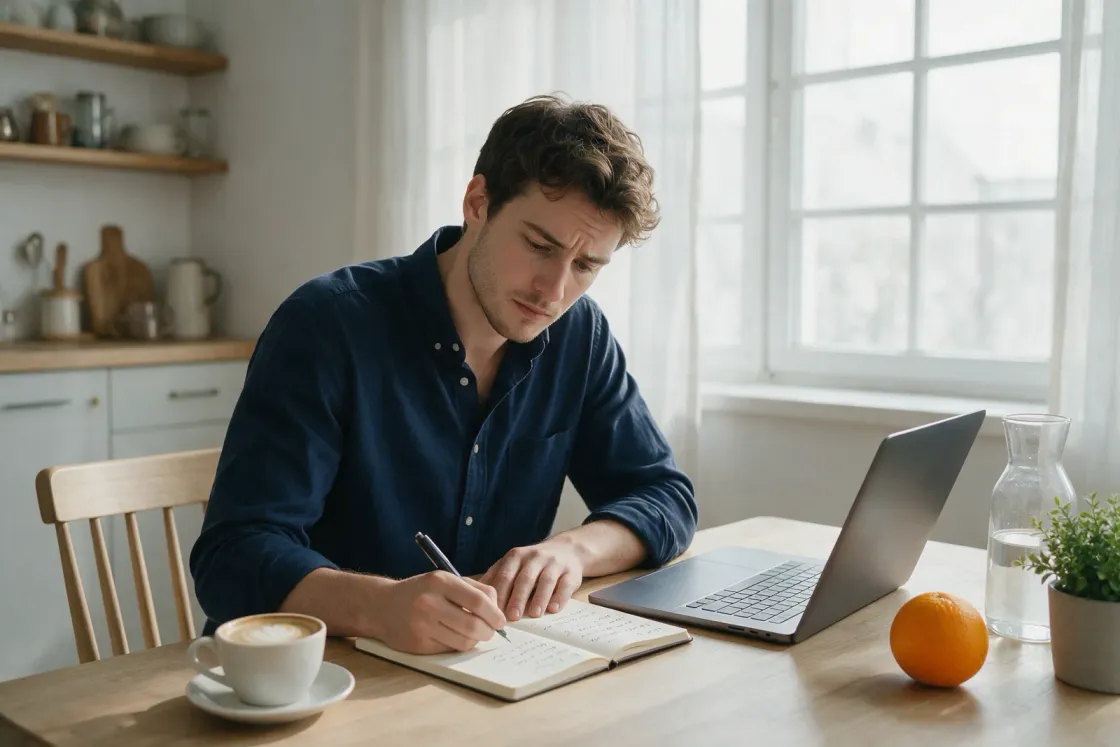 Illustrative scene: a man writing a to-do list beside a laptop