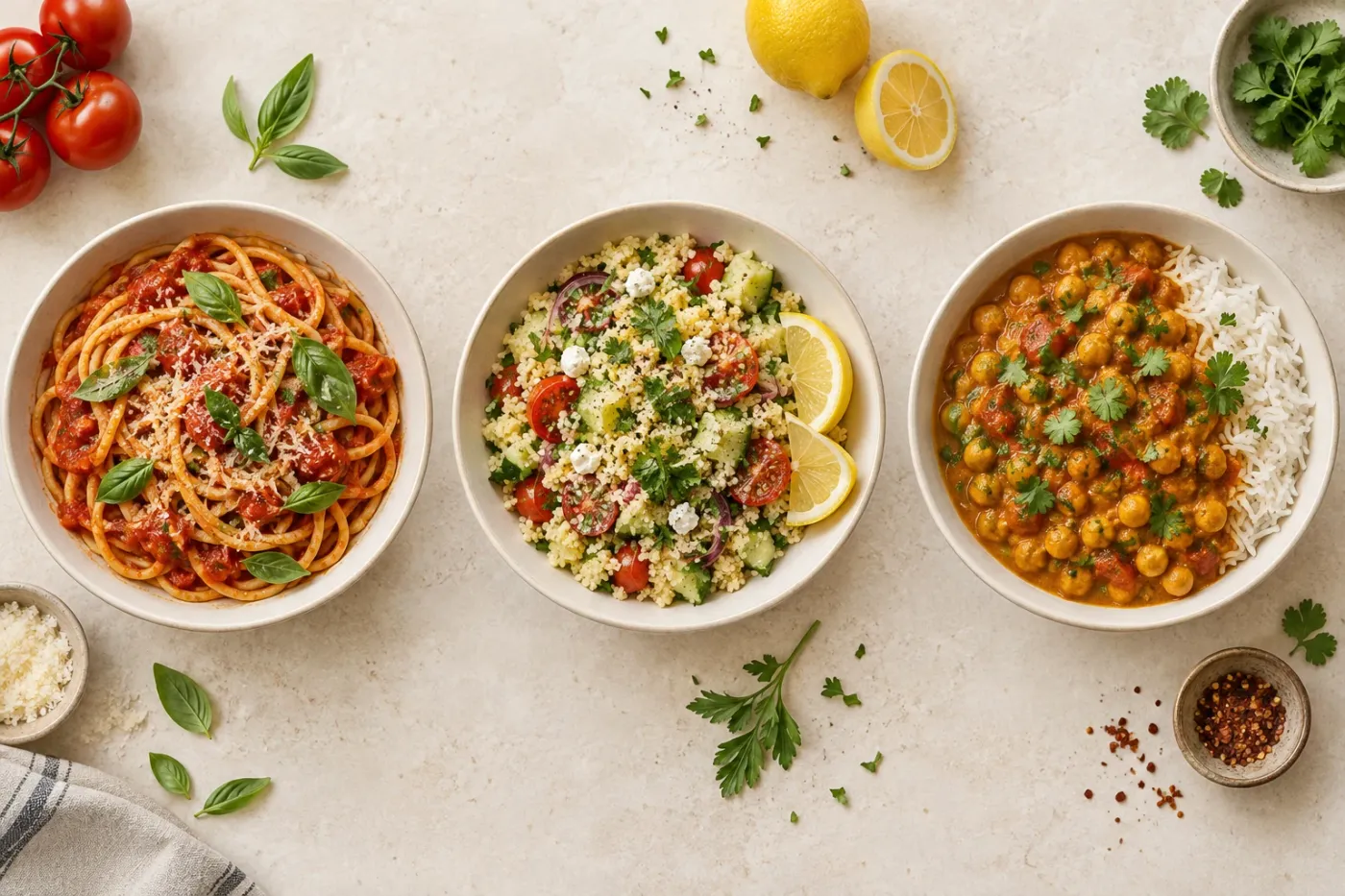 Illustrative scene: three different dishes served side by side