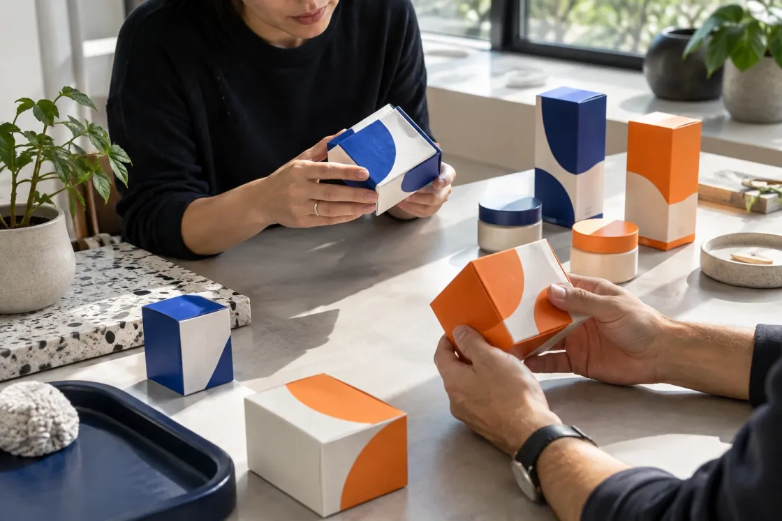 Illustrative scene: hands comparing orange and blue packaging