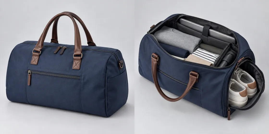 Illustrative product photo: the same travel bag shown closed and open
