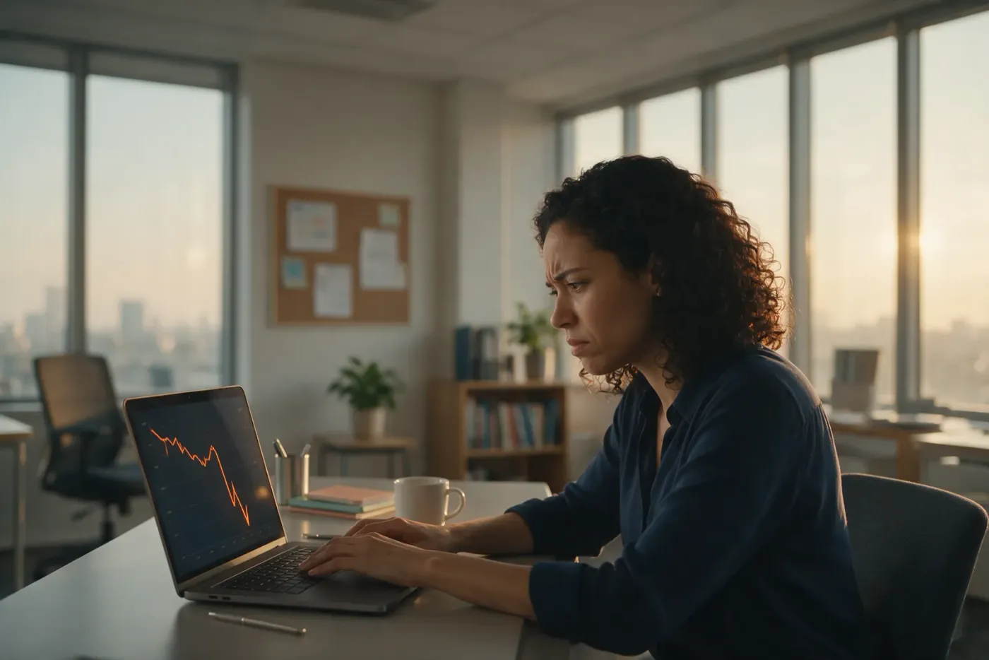 Illustrative scene: a woman frowning slightly at her laptop