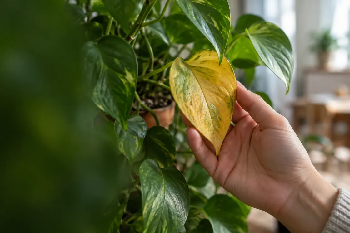 Illustrative scene: a hand holding the leaf of a houseplant