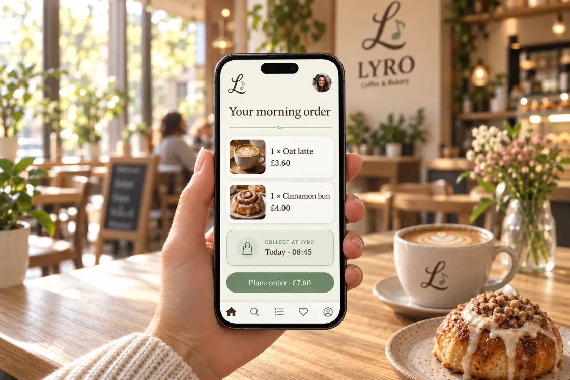 Illustrative scene: a phone showing a regular café order
