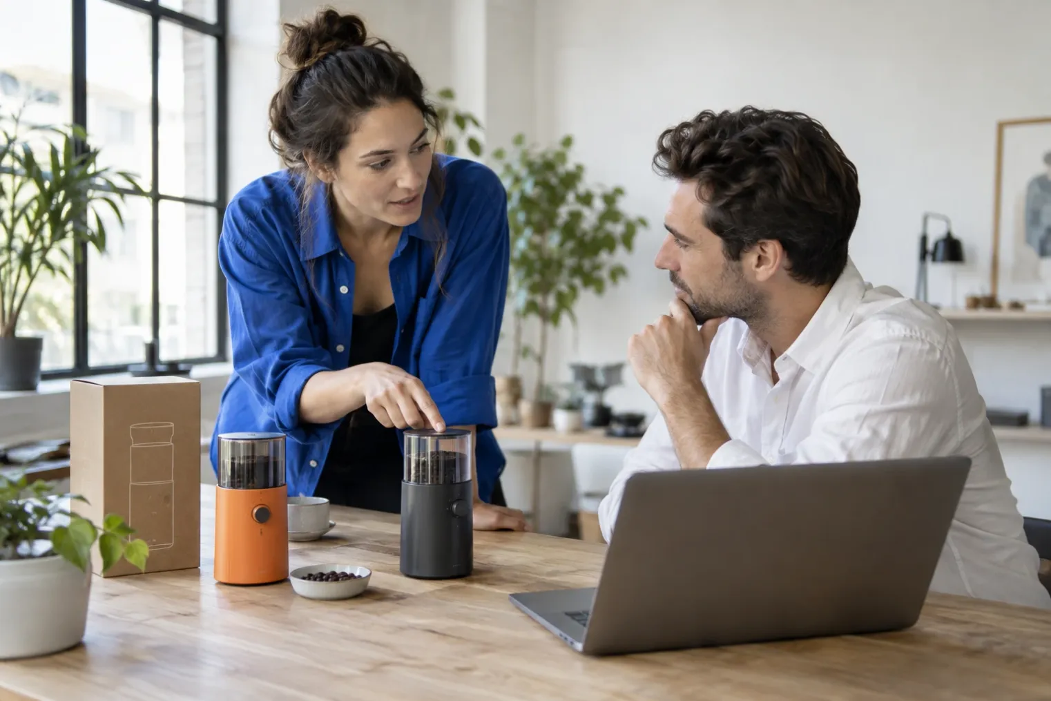 A woman explaining a coffee grinder to a colleague at a worktable