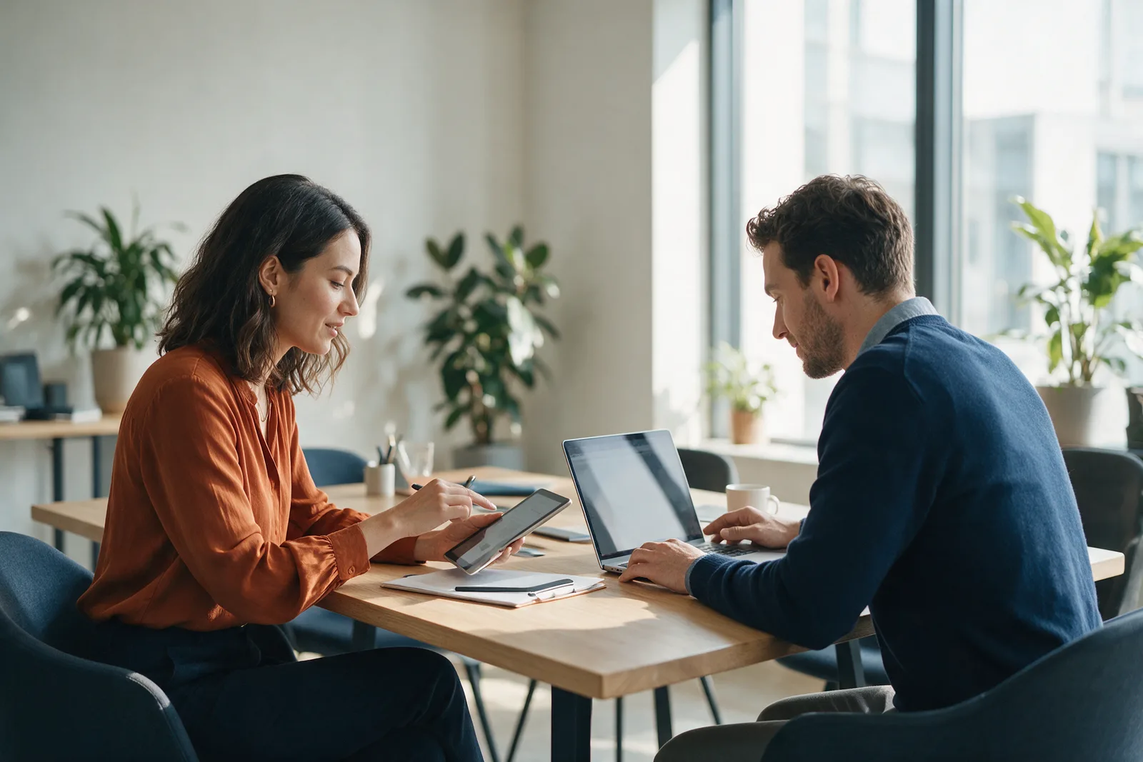 Illustrative scene: a saleswoman presenting on a tablet while her client looks at a laptop