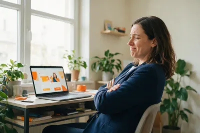 Illustrative scene: a woman leaning back from her laptop with her arms crossed