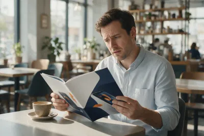 Illustrative scene: a man reading a brochure with a puzzled expression