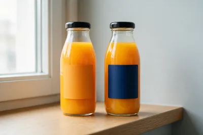 Illustrative still life: two identical juice bottles with differently coloured labels