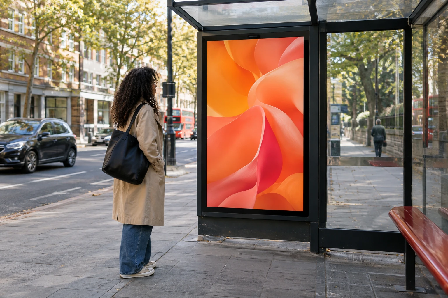 AI illustration: a pedestrian looking at an abstract orange advertising display in a city