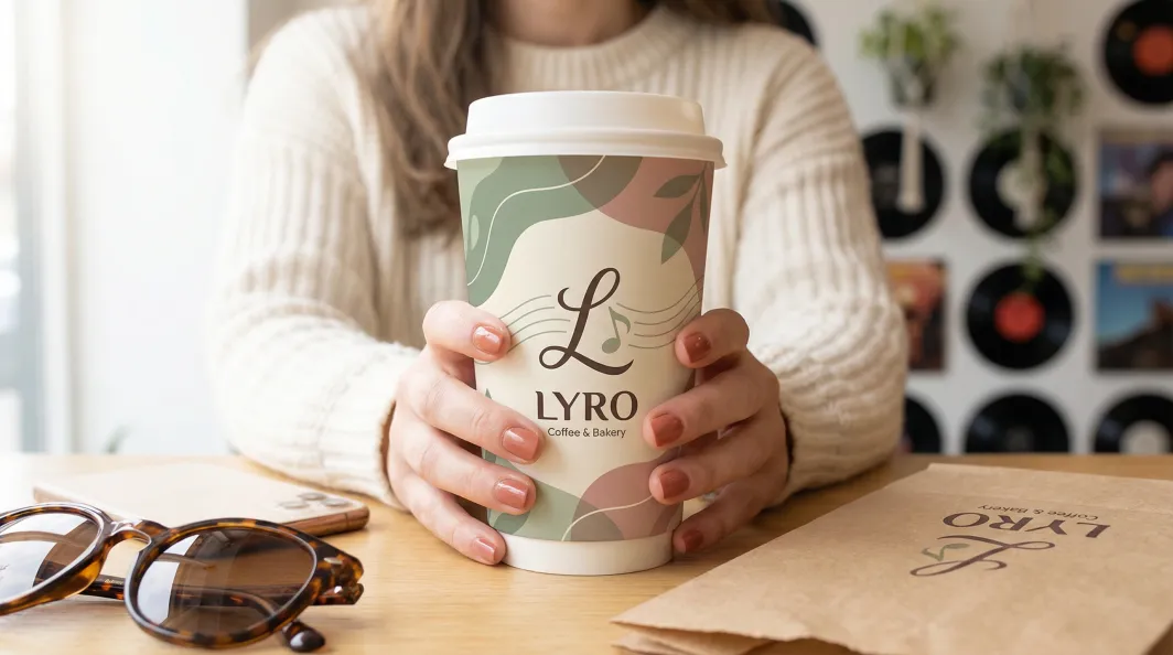 Illustrative scene: a person holding a takeaway cup with a bold printed pattern