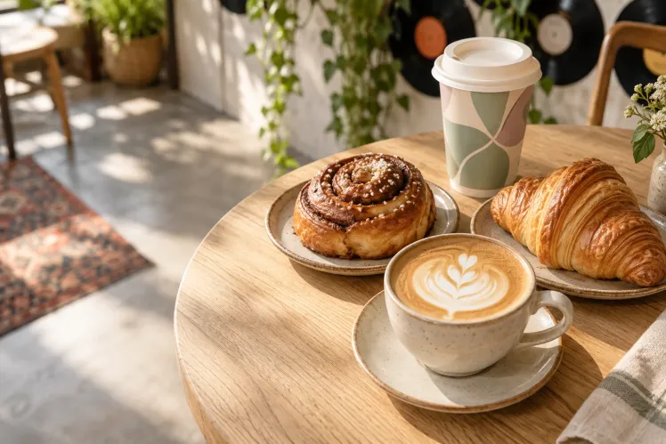 Illustrative scene: coffee and pastries on a café table