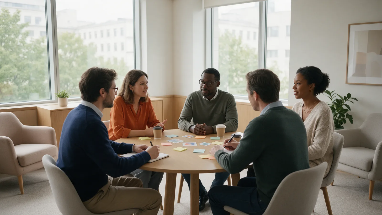 Illustrative scene: a small focus group talking around a table while a moderator takes notes