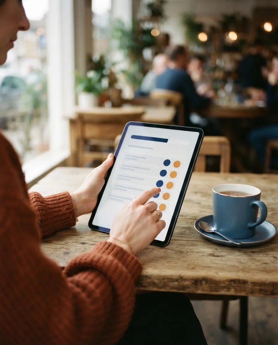 Illustrative scene: a hand answering a short questionnaire on a tablet