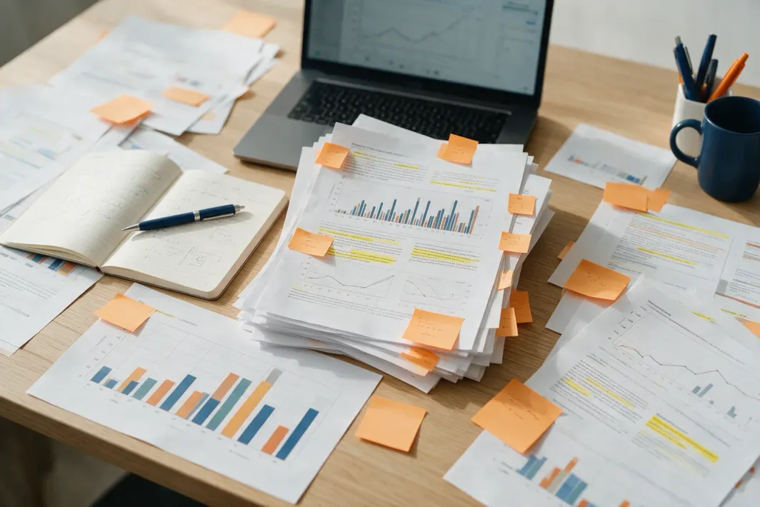Illustrative scene: a desk with printed charts, research papers and sticky notes