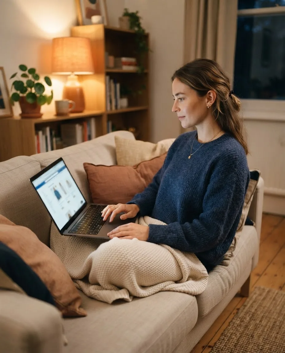 Illustrative scene: a woman on a sofa comparing product pages on a laptop