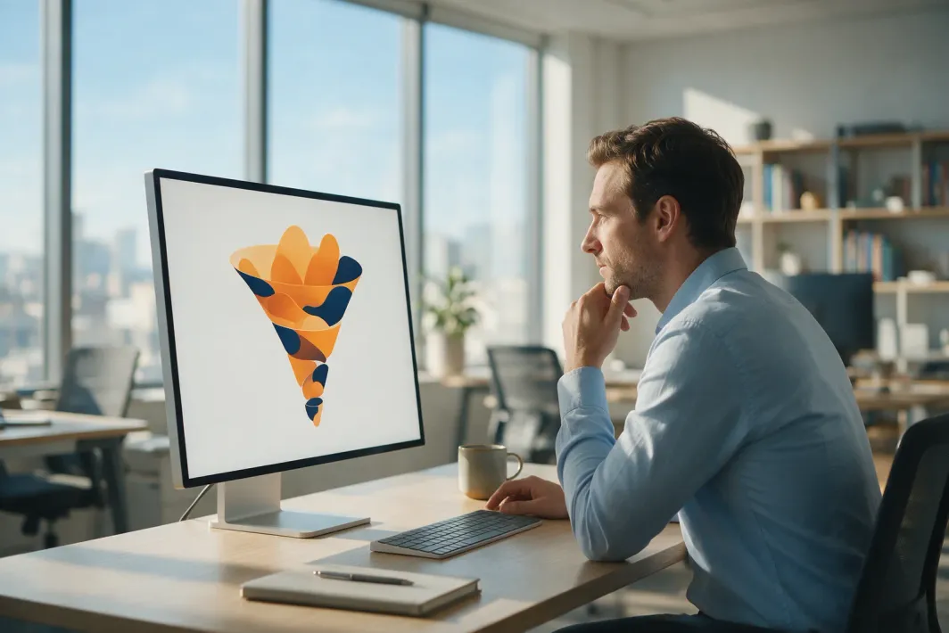 Illustrative scene: a man studying an abstract funnel chart on a large monitor