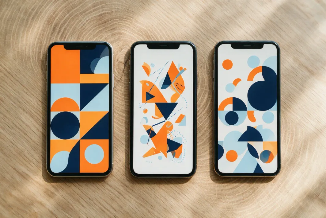 Illustrative still life: three phones showing different abstract app screens