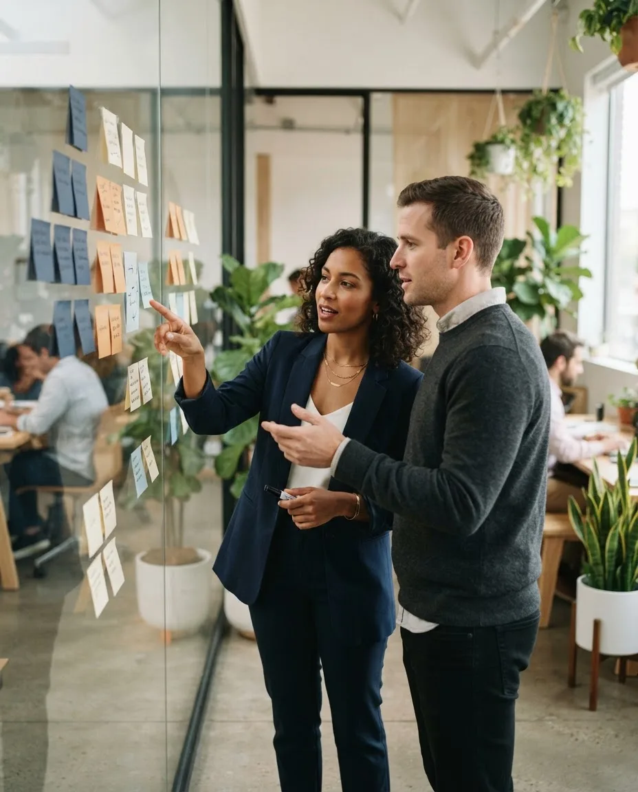 Illustrative scene: two colleagues arranging notes about customers on a glass wall