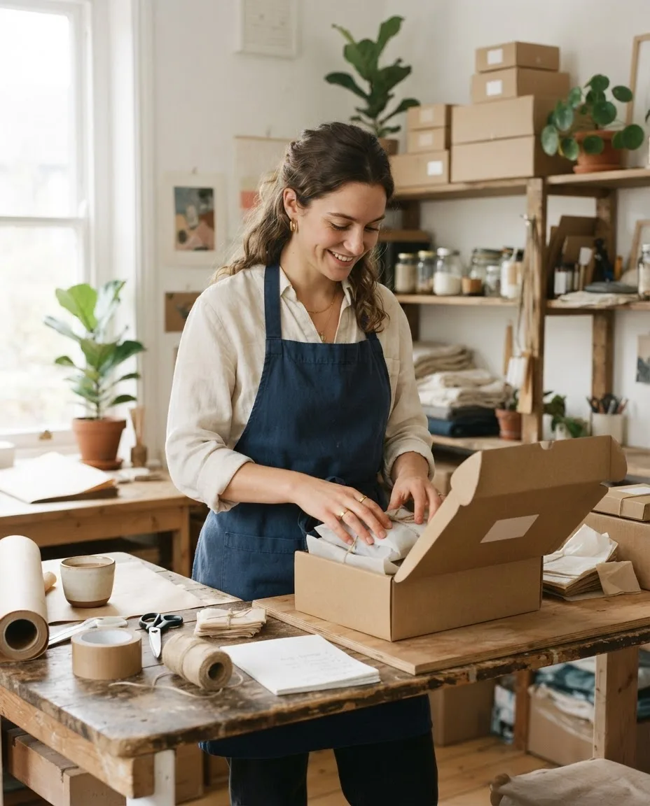 Illustrative scene: a founder packing a product into a box for the first orders