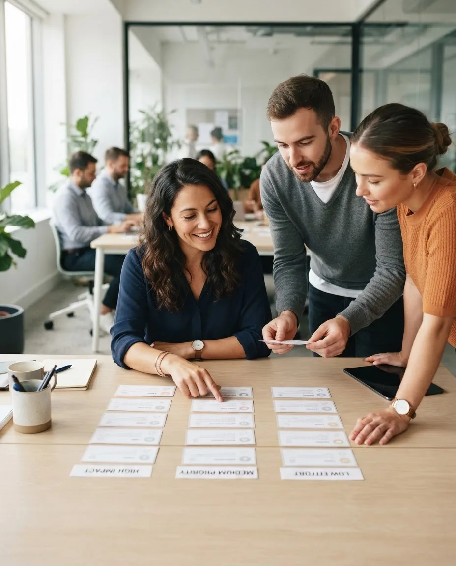 Illustrative scene: a small team sorting printed cards into columns on a table