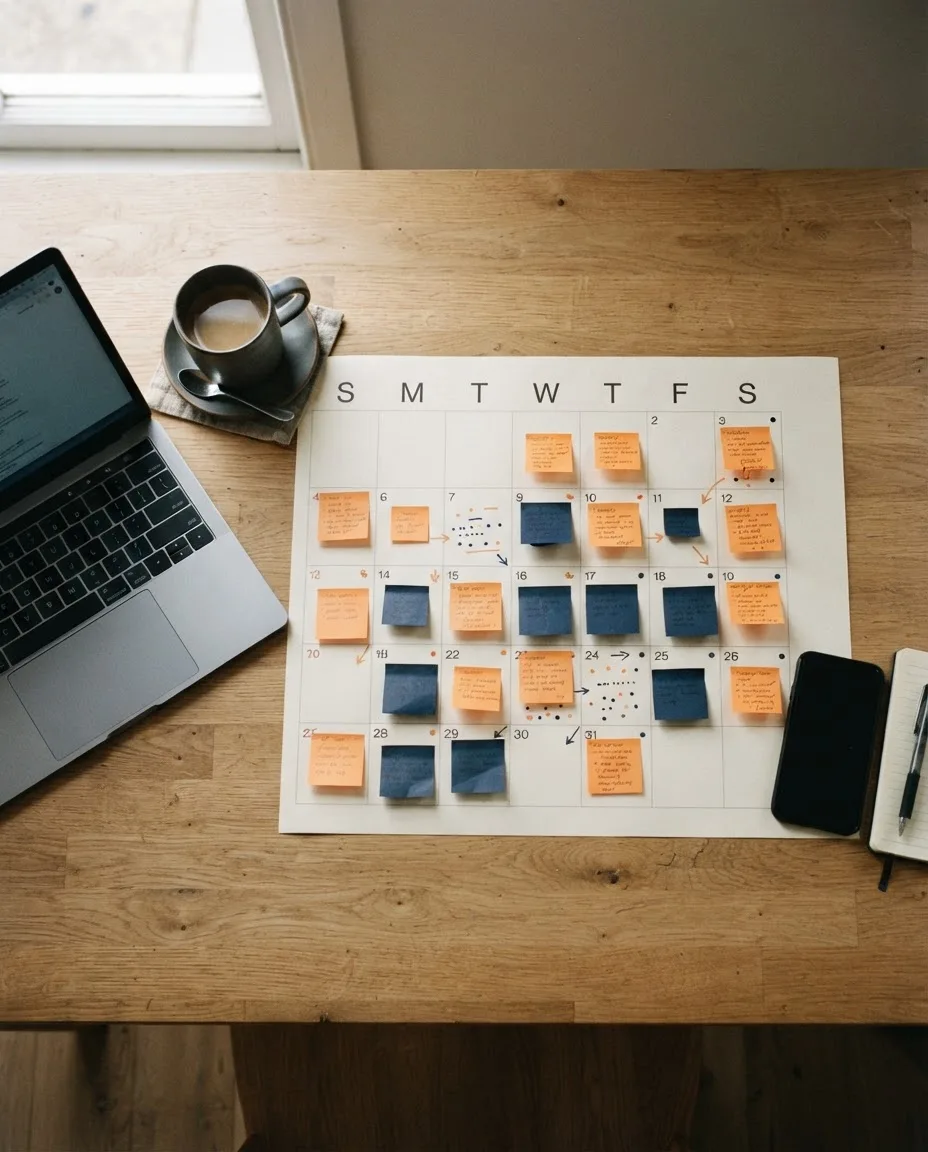 Illustrative still life: a paper planning calendar covered in coloured notes beside a laptop
