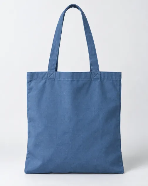 Illustrative product photo: a plain blue tote bag without a logo