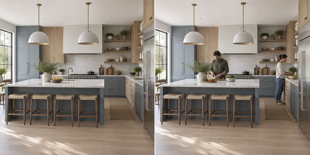 Illustrative scene: two views of a bright kitchen interior