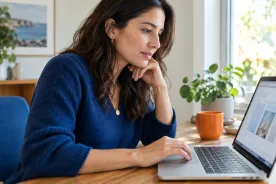 Illustrative scene: a woman carefully evaluating information on her laptop