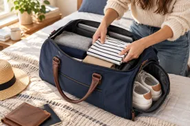 Illustrative scene: a woman packing a travel bag on a bed