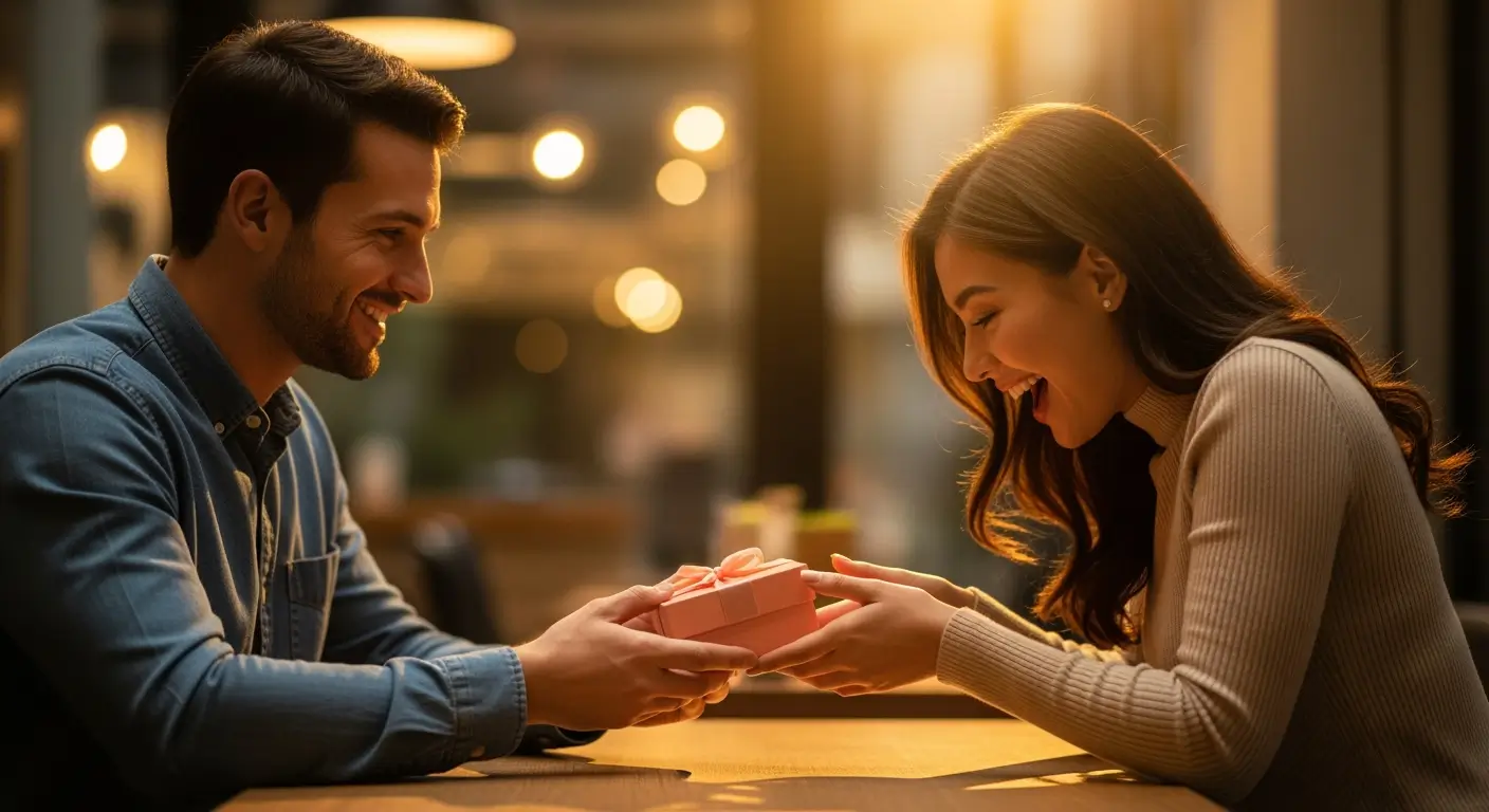 Smiling man handing a small pink gift box across a café table to a delighted woman, in warm evening light